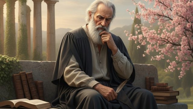 "Di bawah reruntuhan kuno, mencari esensi 'Eudaimonia'—kebahagiaan sejati yang melampaui kesenangan sesaat.